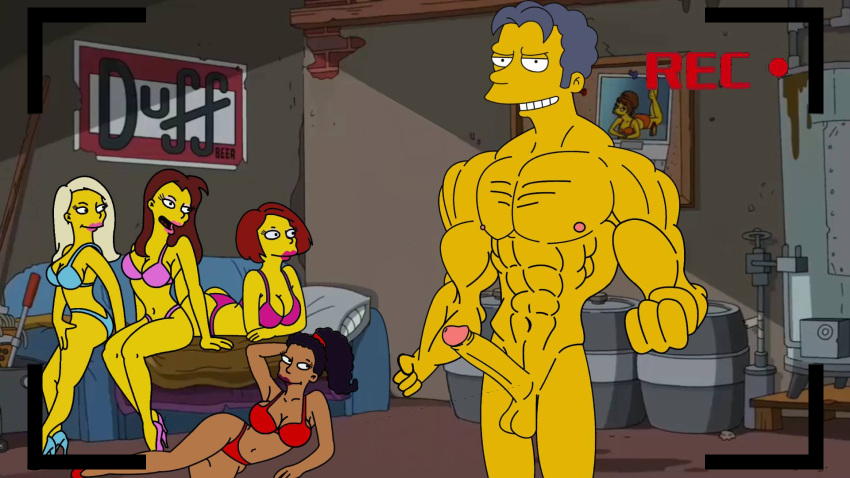 4girls bikini bikini_top breasts brown_body brown_skin excited excited_for_sex moe_szyslak muscular muscular_male penis pornography recording recording_sex recording_symbol sofa the_simpsons waiting_for_sex yellow_body yellow_skin