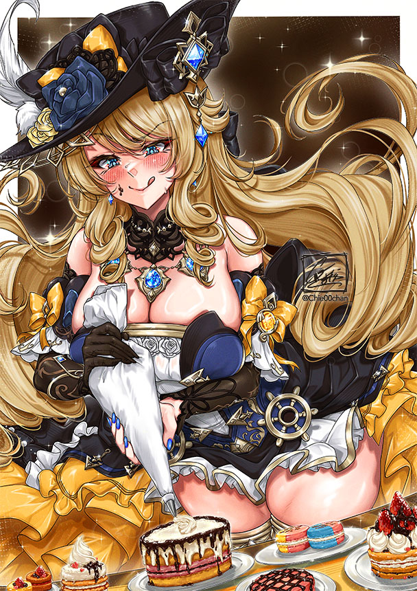 1girls, blonde hair, blue eyes, breasts, chie00chan, cleavage, female, female only, genshin impact, large breasts, light skin, light-skinned female, navia (genshin impact), skindentation, solo, thick thighs, thighs