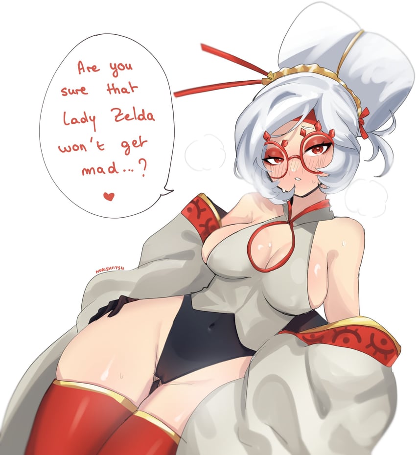 blush breasts cleavage cleavage_cutout clothing_cutout coat coat_partially_removed covered_navel english_text eyeshadow eyewear_on_head female glasses gloves hair_ornament hair_stick highres long_hair looking_at_viewer makeup multicolored_hair norishiitsu open_mouth purah purah_(tears_of_the_kingdom) red-framed_eyewear red_eyes round_eyewear sheikah short_hair sideboob simple_background solo sweat sweatdrop tears_of_the_kingdom the_legend_of_zelda the_legend_of_zelda:_tears_of_the_kingdom thighs updo white_hair