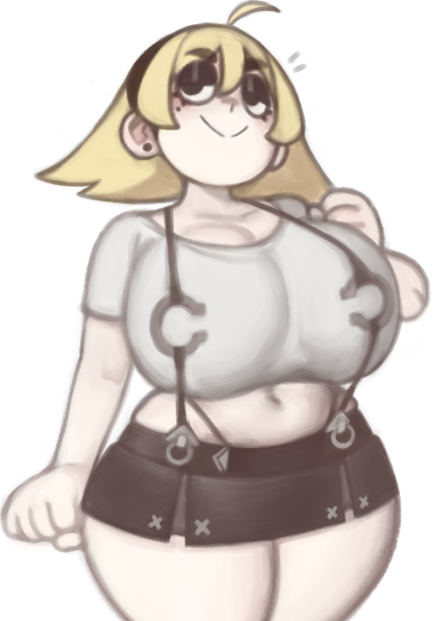 1girls, chubby, cindy (kelvin hiu), female, huge breasts, kelvin hiu, solo, suspenders, tagme