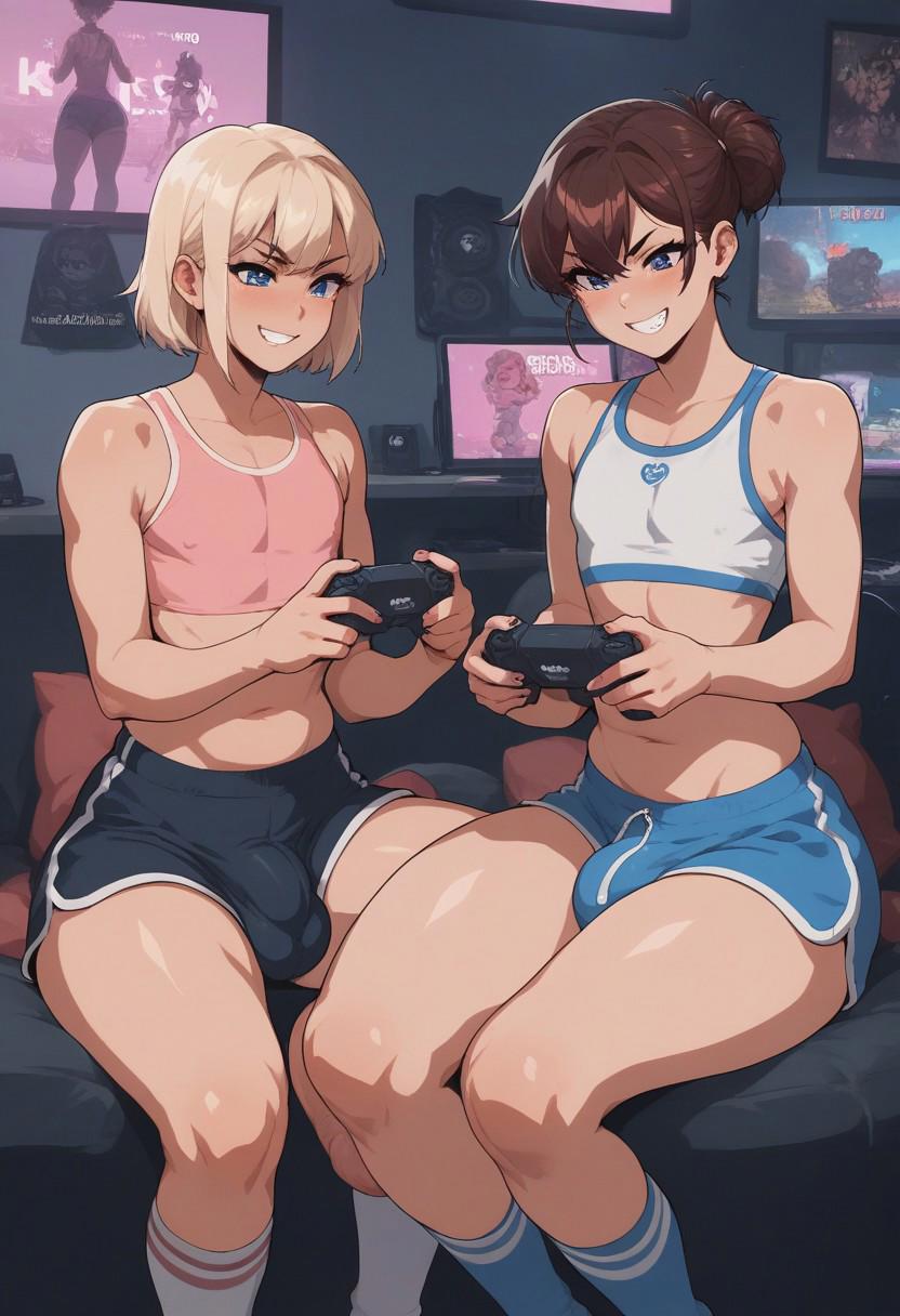 ai_generated blonde_hair blonde_hair blonde_hair blue_eyes blush booty_shorts bros brown_hair bulge collarbone controller couch covered_nipples cropped_tank_top duo femboy femboy_only friends grin grinning holding holding_controller holding_game_controller indoors kneehighs midriff navel otoko_no_ko otokonoko runthat_222 short_hair sitting socks trap