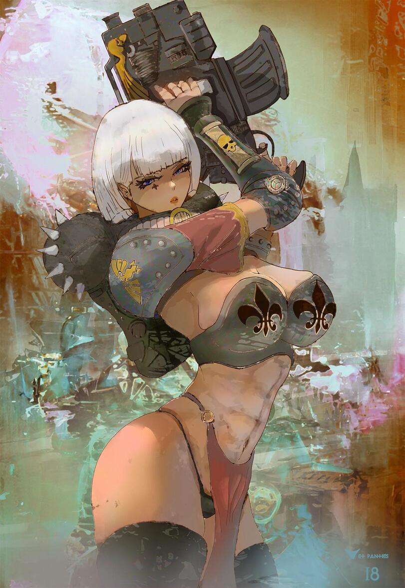 1girls adepta_sororitas adeptus_astartes bolter female gun imperium_of_man power_armor sister_of_battle space_marine warhammer_(franchise) warhammer_40k wet_panties_art white_hair