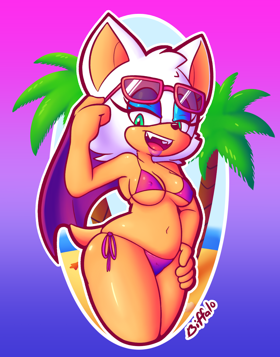 bat bat_wings biffalo bikini breasts bulge eyewear_on_head female female_only furry green_eyes hand_on_hip hand_on_thigh legs lipstick mammal medium_breasts membranous_wings nipple_bulge nipples open_mouth palm_tree rouge_the_bat seaside sega simple_background solo sonic_(series) sunglasses sunglasses_on_head thick_thighs thighs tongue wings