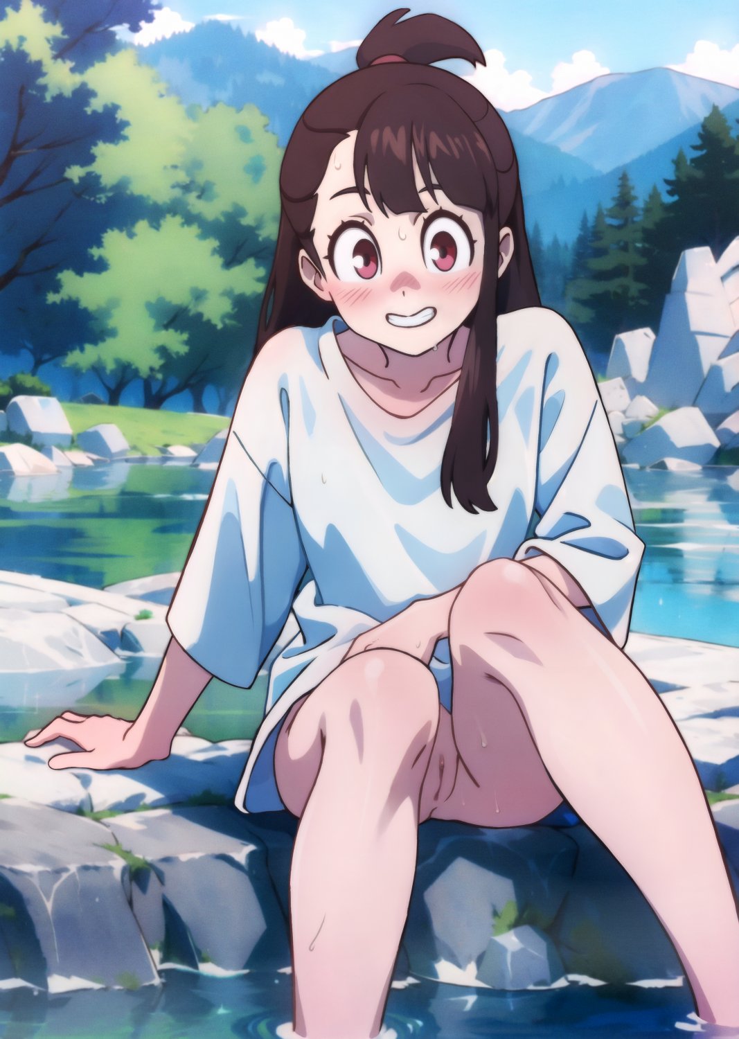 1girls akko_kagari atsuko_kagari brown_hair female female_only little_witch_academia looking_at_viewer outdoors outside pantsless partially_clothed ponytail pussy red_eyes tanquito