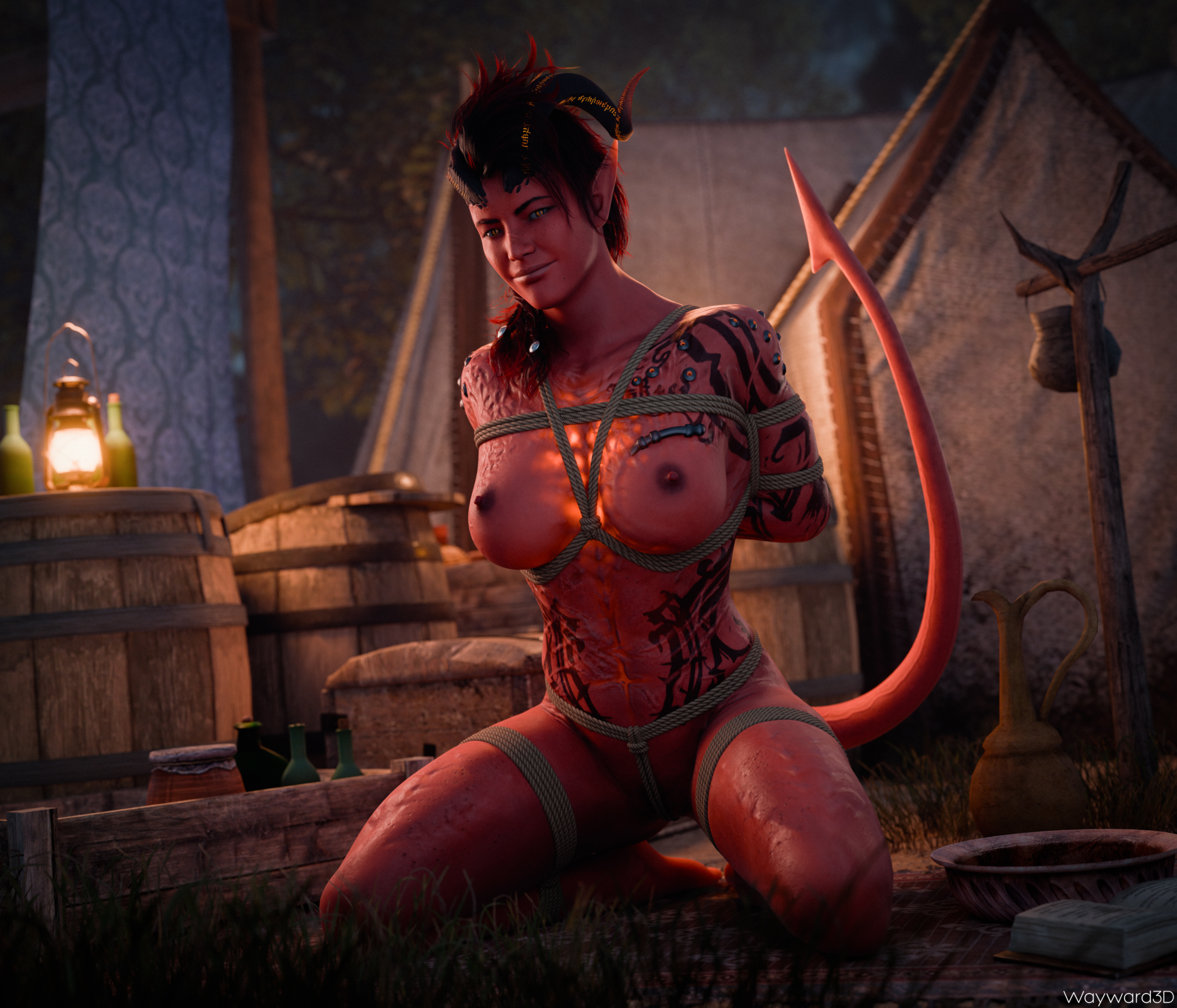 1girls, 3d, abs, areolae, baldur's gate, baldur's gate 3, breasts, detailed background, dungeons and dragons, female, female focus, female only, hi res, high resolution, highres, horn, karlach, large breasts, long ears, looking at viewer, nipples, red skin, solo, solo female, solo focus, tail, tiefling, waywardsfm, wizards of the coast