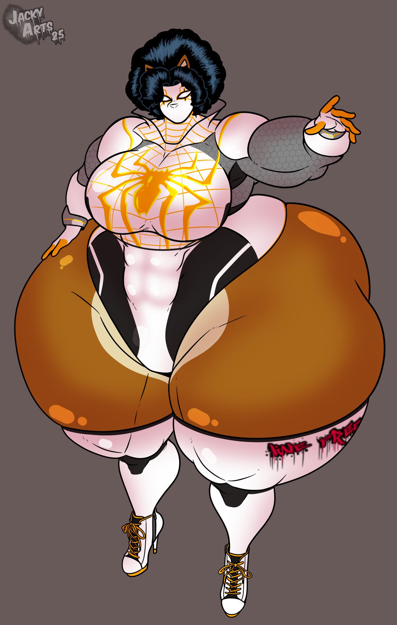 1boy, ass, biceps, big ass, big pecs, black hair, bubble butt, bushy hair, canid, canine, full body, high heel boots, huge ass, hyper ass, hyper thighs, jacky arts, large ass, male, male only, mammal, marvel, marvel comics, mask, muscular, muscular male, no pants, pecs, solo, solo male, spider-man (series), spidersona, thick, thick thighs, thighs, thunder thighs, venus (jacky arts), wide hips