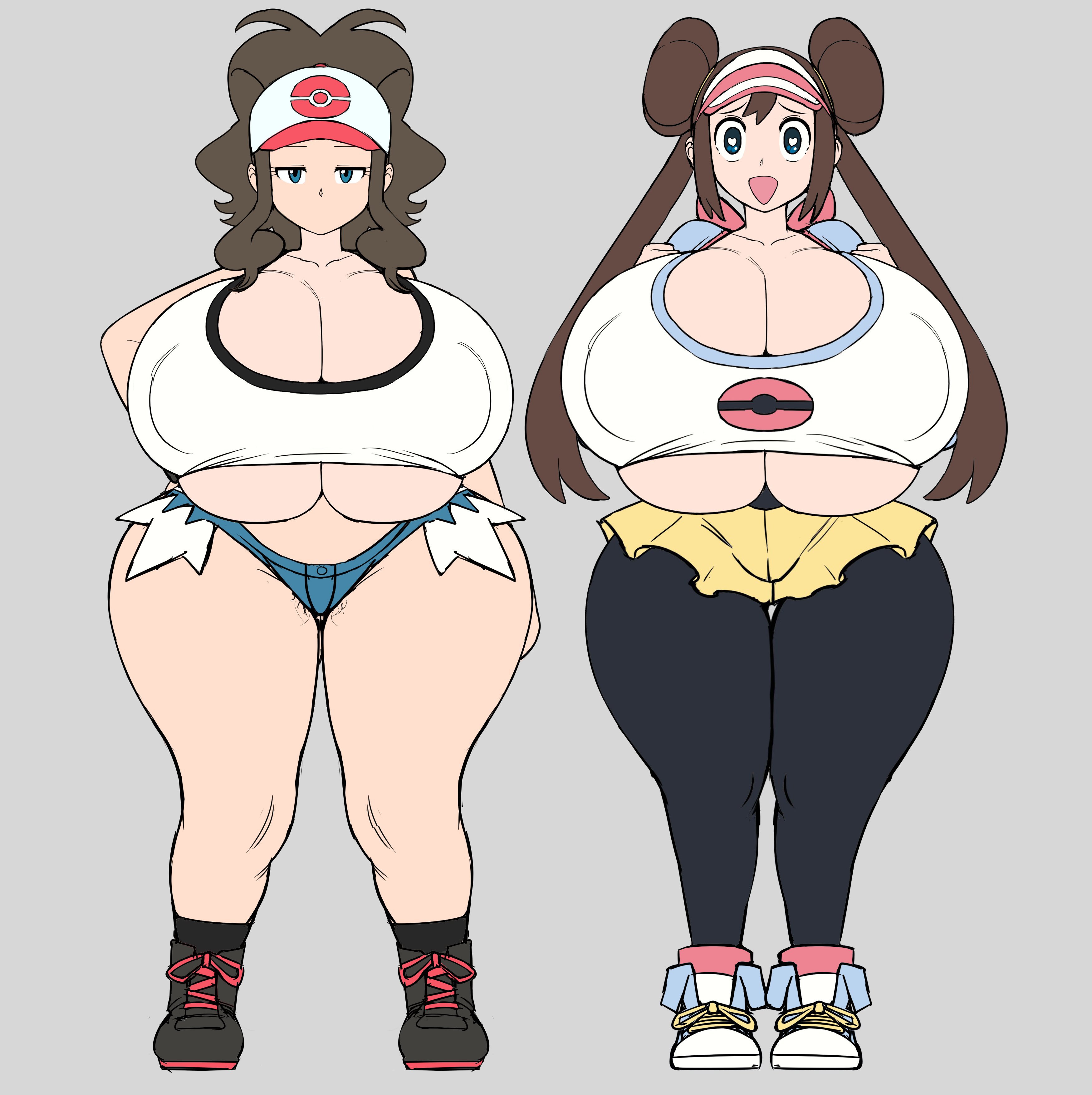 2girls, alternate breast size, blue eyes, breasts, breasts bigger than head, breasts bigger than torso, brown hair, edit, female, game freak, grey impact, hat, hilda (pokemon), huge breasts, large breasts, light skin, light-skinned female, long hair, long ponytail, naughty face, nintendo, pokemon, pokemon bw, pokemon bw2, ponytail, rosa (pokemon), take your pick, thick thighs, third-party edit, twin buns, twintails, wide hips, womens wrongs