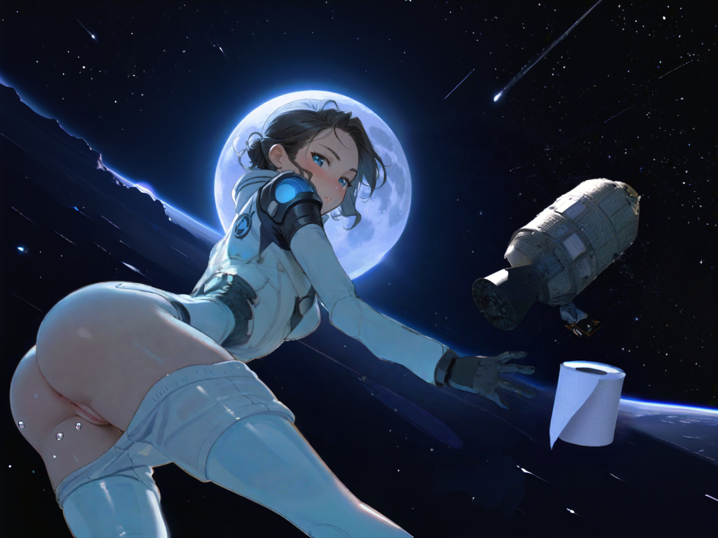 ai_generated apollo_program blue_eyes command_module looking_back moon moonlight pussy space spacecraft spacesuit stars toilet_paper uncensored zero_gravity