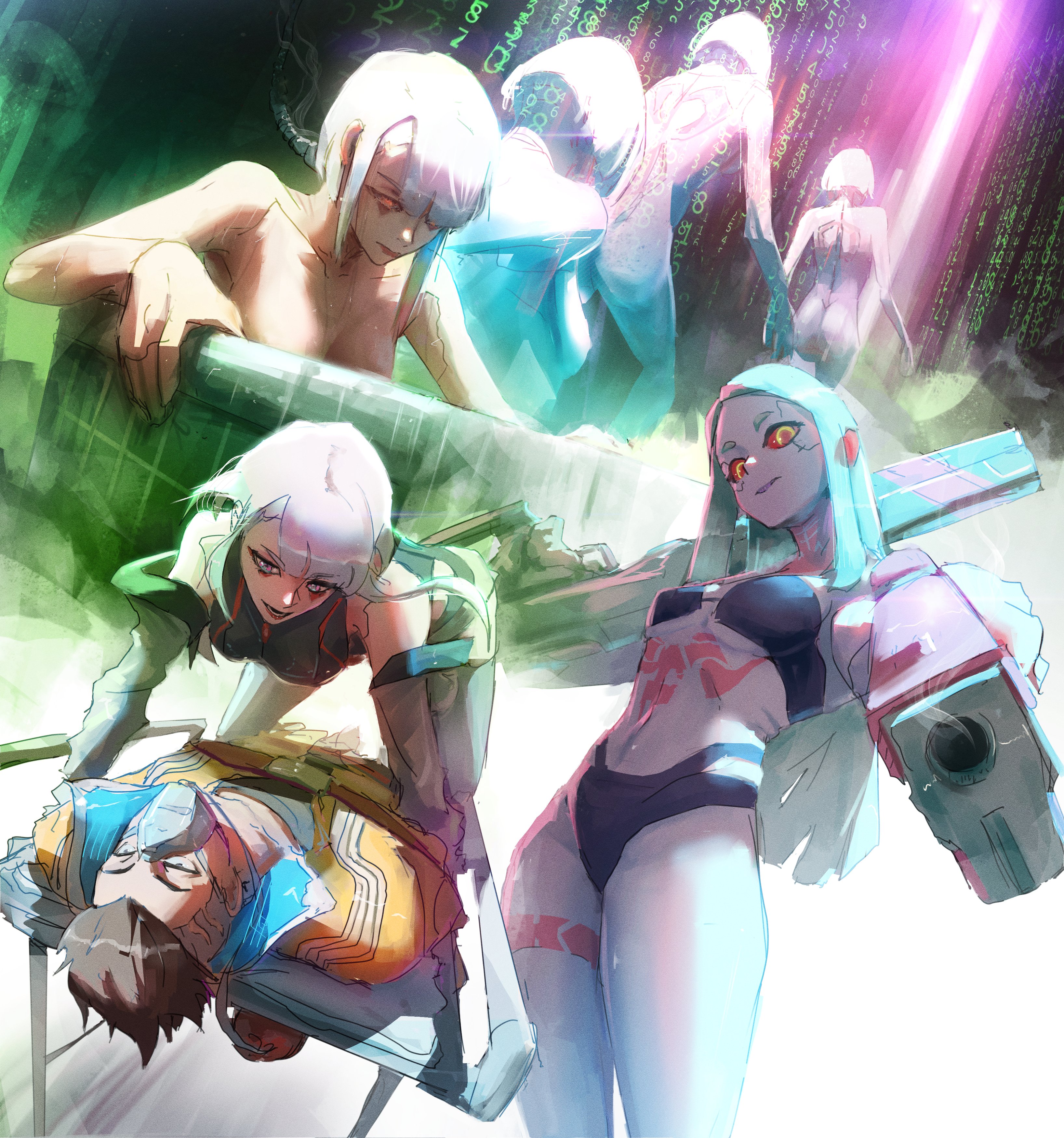 ass, bathtub, casual, cd projekt red, cleavage, clothing, cybernetics, cyberpunk: edgerunners, david martinez (edgerunners), female, female focus, firearm, handgun, human, jacket, lucyna kushinada, male, nonsexual, nonsexual nudity, nude, nude female, outerwear, pale skin, rebecca (edgerunners), stephengiannart, thick thighs, weapon