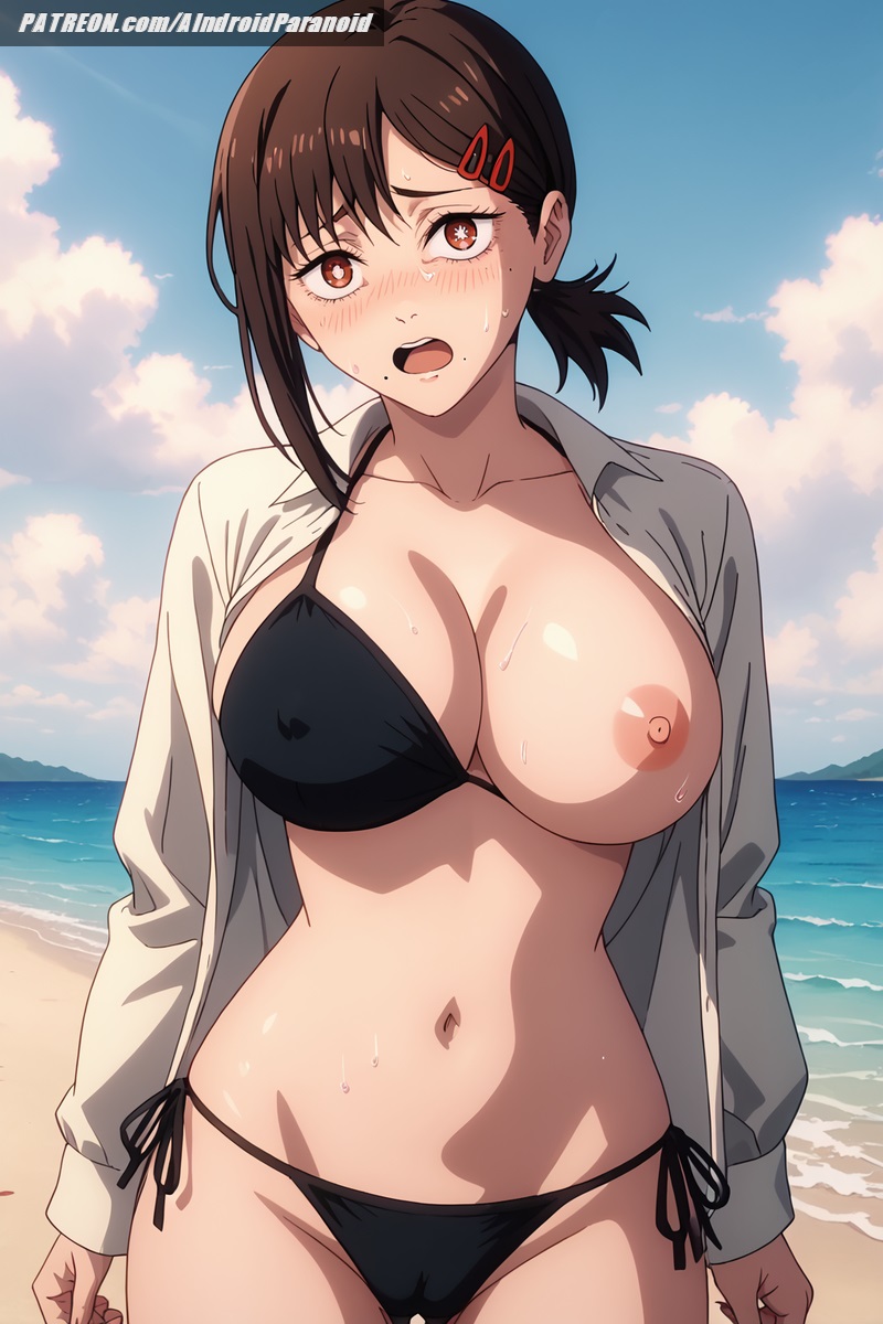 ai generated, aindroidparanoid, ass, beach, big breasts, bikini, breasts, breasts out, brown eyes, brown hair, cameltoe, chainsaw man, curvy, curvy figure, female, female only, flashing breasts, higashiyama kobeni, hips, huge breasts, kobeni higashiyama, navel, nervous, nipples, open mouth, outdoors, ponytail, pussy, scared, shirt, short hair, stable diffusion, sweatdrop, swimsuit, thick thighs, topless, wide hips