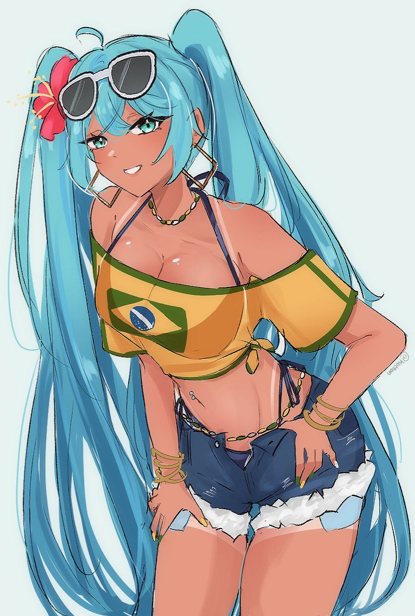 1girls 2024 artist_name blue_eyes blue_hair bracelet brazil brazilian brazilian_female brazilian_miku breasts cleavage ear_piercing earrings female female_only flag flag_clothing flower hair_flower hair_ornament hatsune_miku large_breasts latin_american_hatsune_miku_(meme) long_fingernails long_hair looking_at_viewer nail_polish national_personification navel navel_piercing necklace plain_background serafineart1001 shirt short_shorts shorts solo streetwear sunglasses sunglasses_on_head tan tan-skinned_female tan_skin tanline thong twintails very_long_hair vocaloid watermark white_background