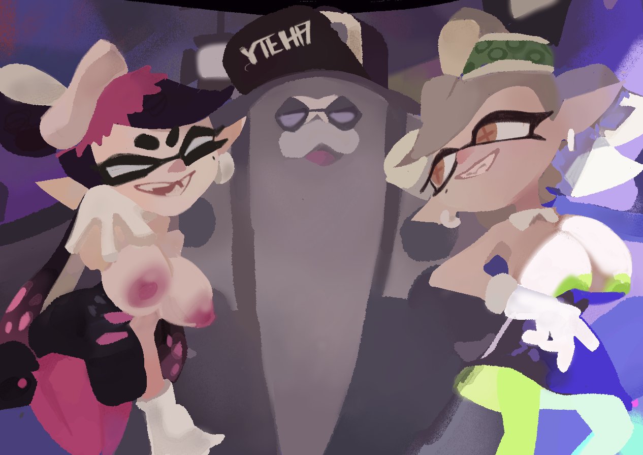 1girls 2girls big_man_(splatoon) breasts breasts_out callie_(splatoon) cap closed_eyes colored_nipples detached_collar eyes_open green_nipples hat inkling inkling_girl long_hair marie_(splatoon) mole mole_under_eye nintendo nipples open_mouth pink_nipples pointy_ears shades splatoon splatoon_3 tentacle tentacle_hair two_tone_hair vespbee