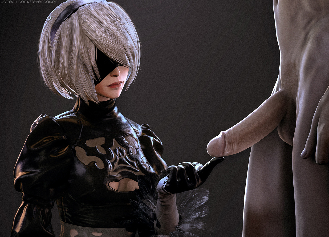 1boy, 1girls, 3d, clothed female nude male, female, looking at penis, male, nier: automata, penis, stevencarson, tagme, yorha 2b