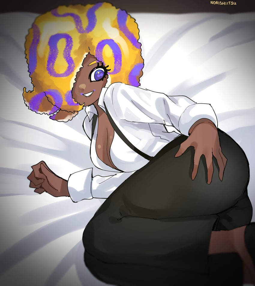 artist_name ass black_pants breasts cleavage closed_mouth collared_shirt dark-skinned_female dark_skin feet_out_of_frame female fuzzy_octoling hair_over_one_eye highres large_breasts long_sleeves lying multicolored_hair norishiitsu octoling on_side orange_hair pants parted_lips purple_eyes shirt smile solo splatoon splatoon_(series) splatoon_3 suspenders tagme tao_blu_(splatoon) white_shirt