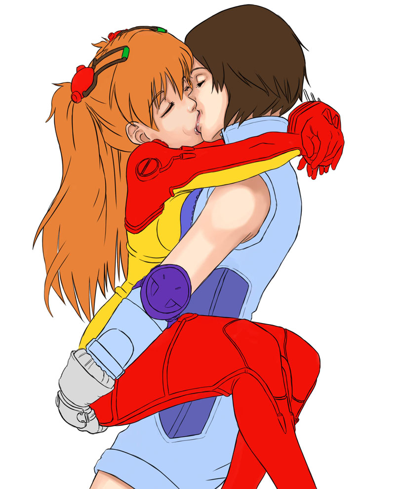 2girls artist_request asuka_kazama asuka_langley_sohryu big_breasts bodysuit breast_to_breast breasts brown_hair crossover drawfag female female_only kazama_asuka kissing multiple_girls name_connection neon_genesis_evangelion plugsuit red_bodysuit tekken yuri