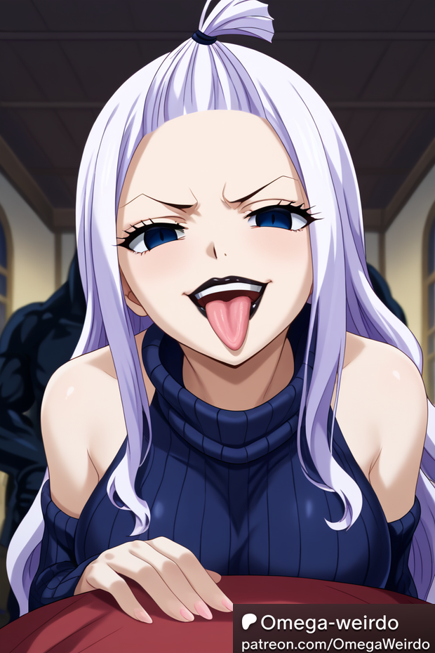 1boy 1girl1boy 1girls ai_generated black_lipstick blue_eyes corrupted corruption empty_eyes evil evil_grin evil_smile fairy_tail female indoors lipstick long_hair looking_at_viewer mirajane_strauss omega-weirdo patreon pov tongue tongue_out virgin_destroyer_sweater virgin_killer_sweater white_hair