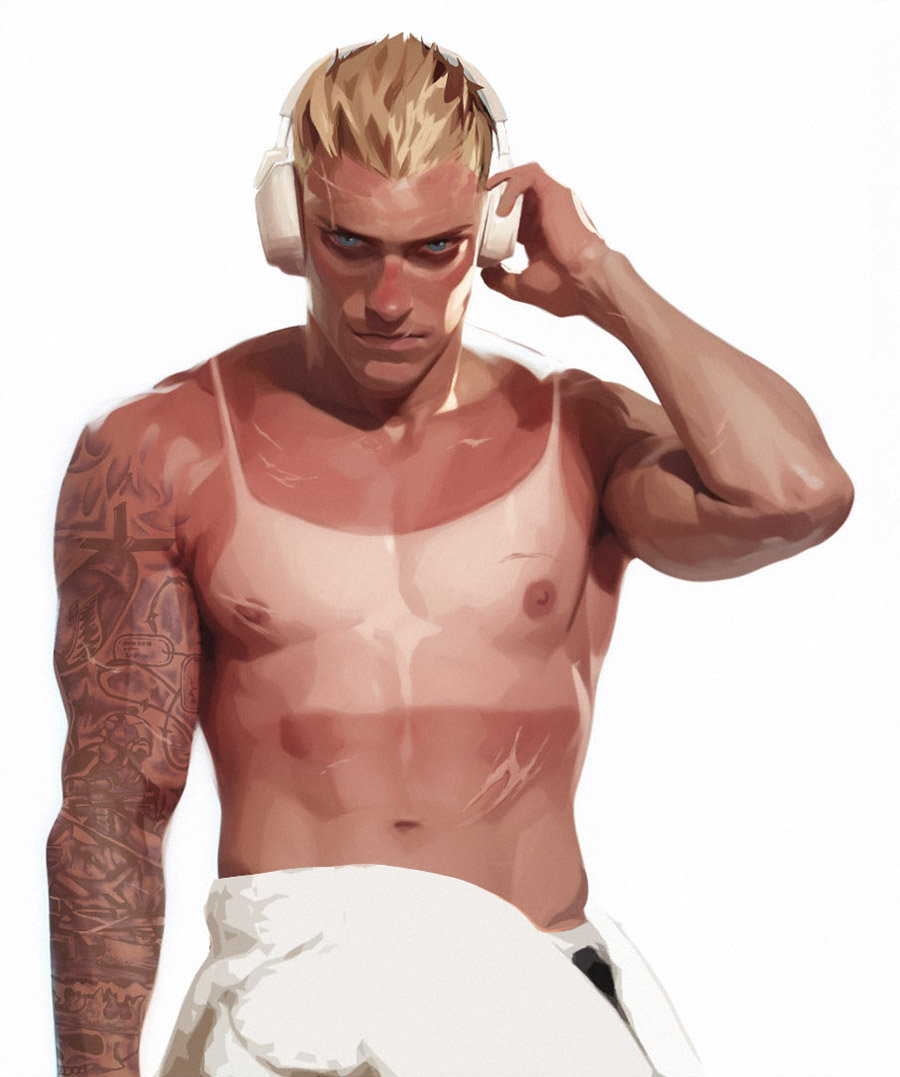 abs blonde_hair blue_eyes buff call_of_duty call_of_duty_modern_warfare_2_(2022) digital_painting_(artwork) headphones heatstroke_(trend) male_focus male_only muscular muscular_male no_visible_genitalia opoccult pinup scars scars_all_over simon_riley six_pack solo_male stubble tan tan_skin tanline tanned tanned_skin tattoo tattooed_arm tattoos toned toned_body toned_male voidbringerr