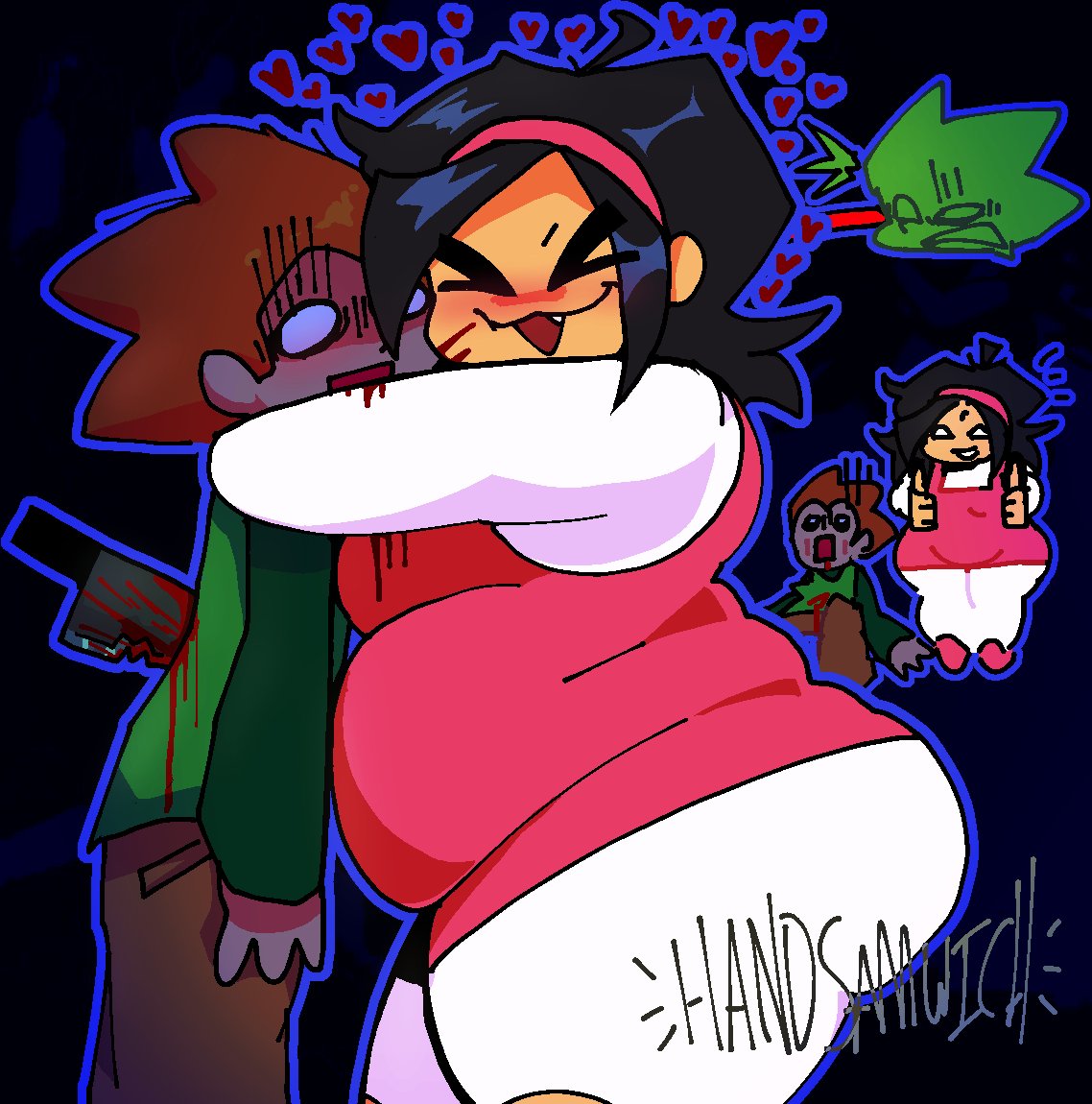 ass, belly, big ass, big belly, blood, blood stain, blush, chubby, chubby female, fat, fat ass, fat butt, female, friday night funkin, handsamwich, heart symbol, hearts around head, hugging, knife, larger female, nene (newgrounds), newgrounds, pico (newgrounds), pico is fucking dead, pico's school, thick, thick ass, thick thighs, thighs