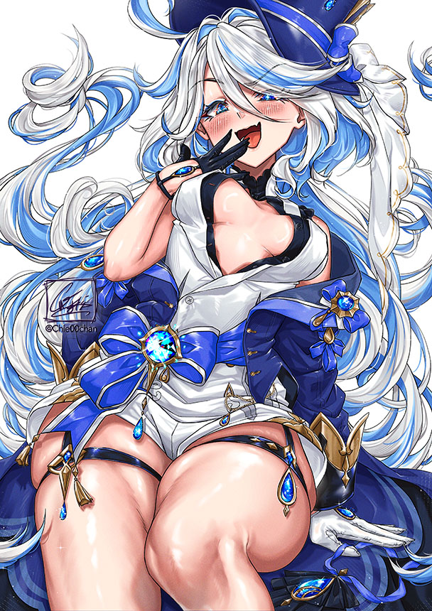 1girls, blue eyes, breasts, chie00chan, cleavage, female, female only, furina (genshin impact), genshin impact, light skin, light-skinned female, looking at viewer, medium breasts, skindentation, smug, solo, thick thighs, thighs, white background, white hair