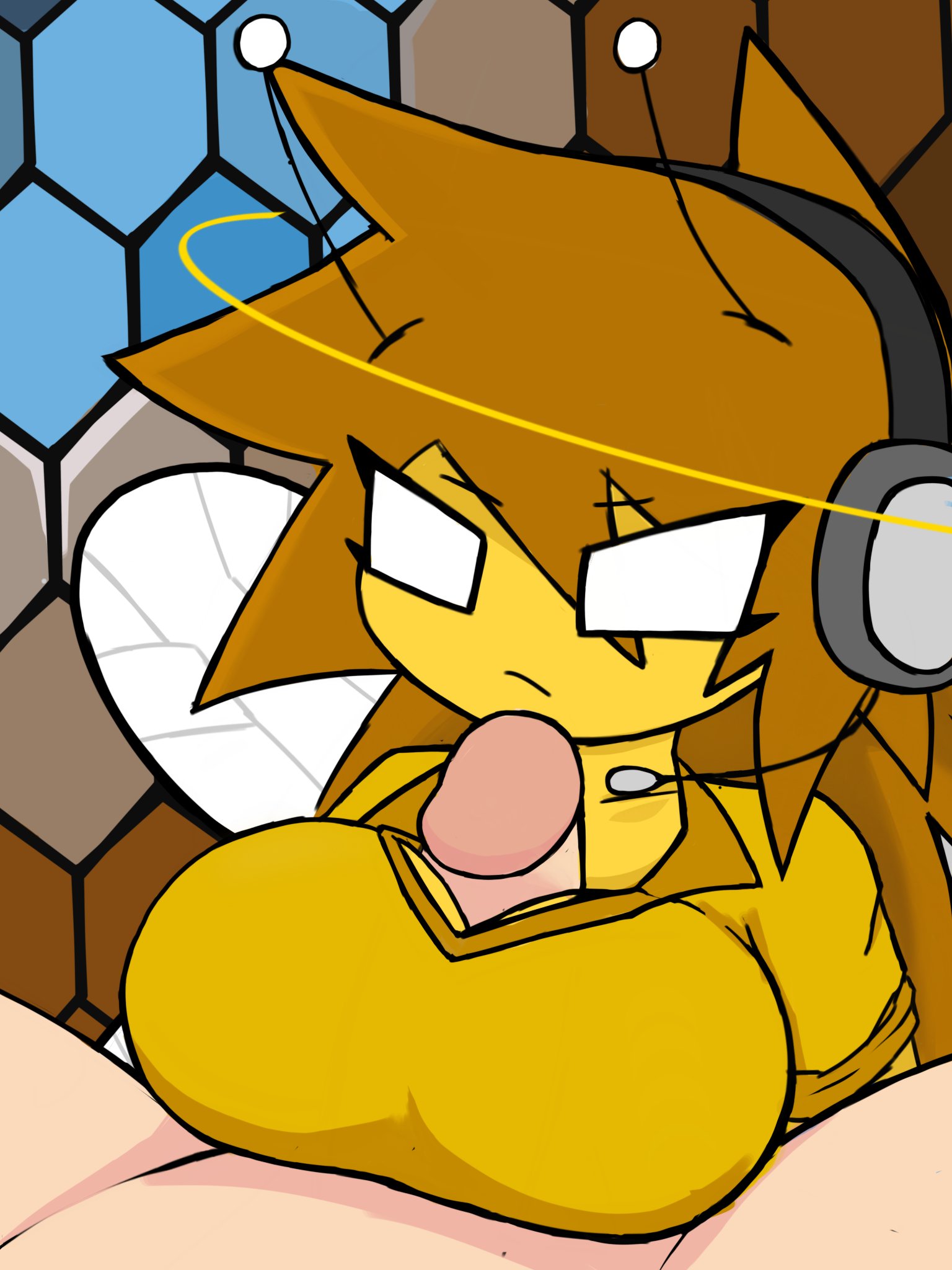 1boy, 1girls, bee girl, beehive, breasts, clothed paizuri, clothed sex, cynthia (tsuraran), female, friday night funkin, friday night funkin mod, male, paizuri, tagme, white eyes, yellow skin
