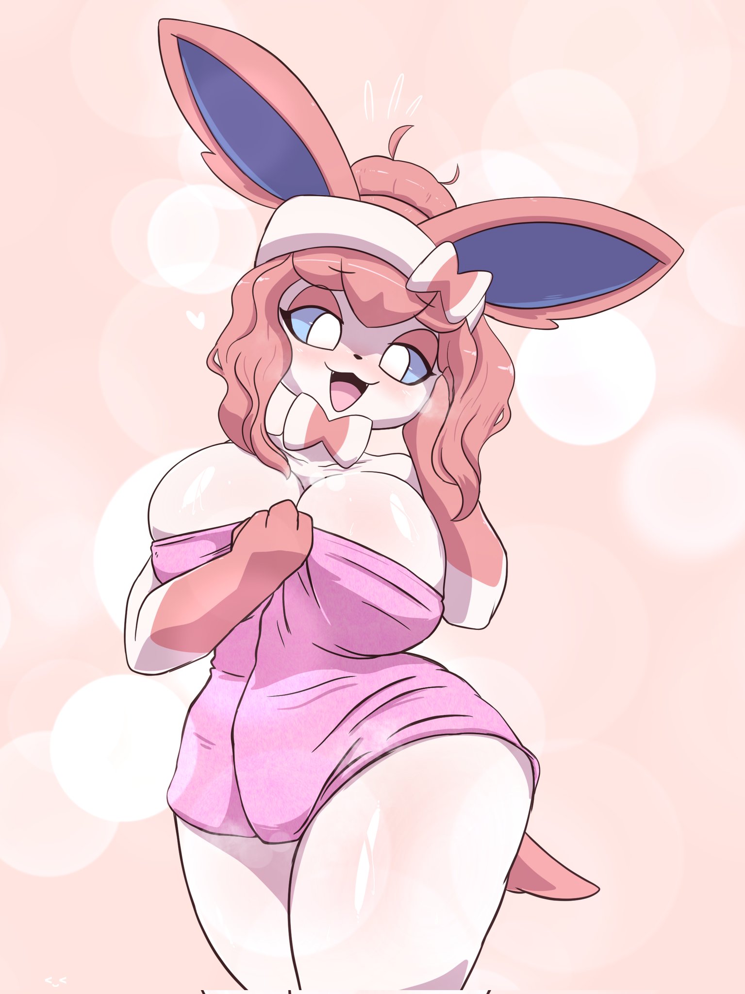 1girls, anthro, big breasts, blush, bowtie, breasts, creatures (company), eeveelution, female, game freak, generation 6 pokemon, hips, lazegil, nintendo, oreon smol, pink hair, pokémon (species), pokemon, pokemon (species), pokemon xy, posing, ribbon, summer (oreon smol), sylveon, thick thighs, thighs, towel, wide hips