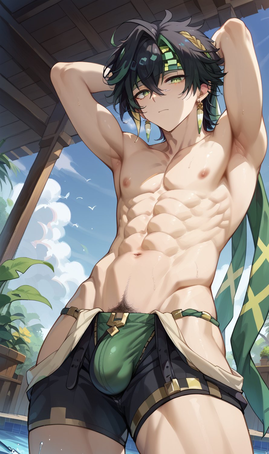 1boy, abs, ai generated, arms behind head, arms up, black hair, fair skin, gay, genshin impact, green eyes, happy trail, hoyoverse, kinich (genshin impact), looking at viewer, looking down, male, male focus, male only, muscles, muscular, muscular male, nipples, tagme, thick legs, yaoi