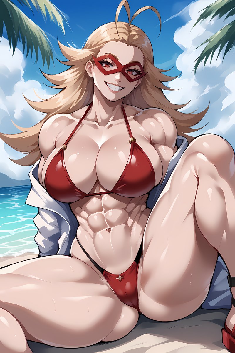 ai_generated bare_legs beach bikini bikini_top blonde_hair boku_no_hero_academia cathleen_bate eroero_waifus gigantic_breasts huge_breasts huge_thighs light-skinned_female light_skin long_hair looking_at_viewer massive_breasts muscular muscular_female my_hero_academia red_eyes shounen_jump smiling solo_female spiky_hair squatting star_and_stripe_(my_hero_academia) sweat sweatdrop thick_thighs thighs very_long_hair voluptuous