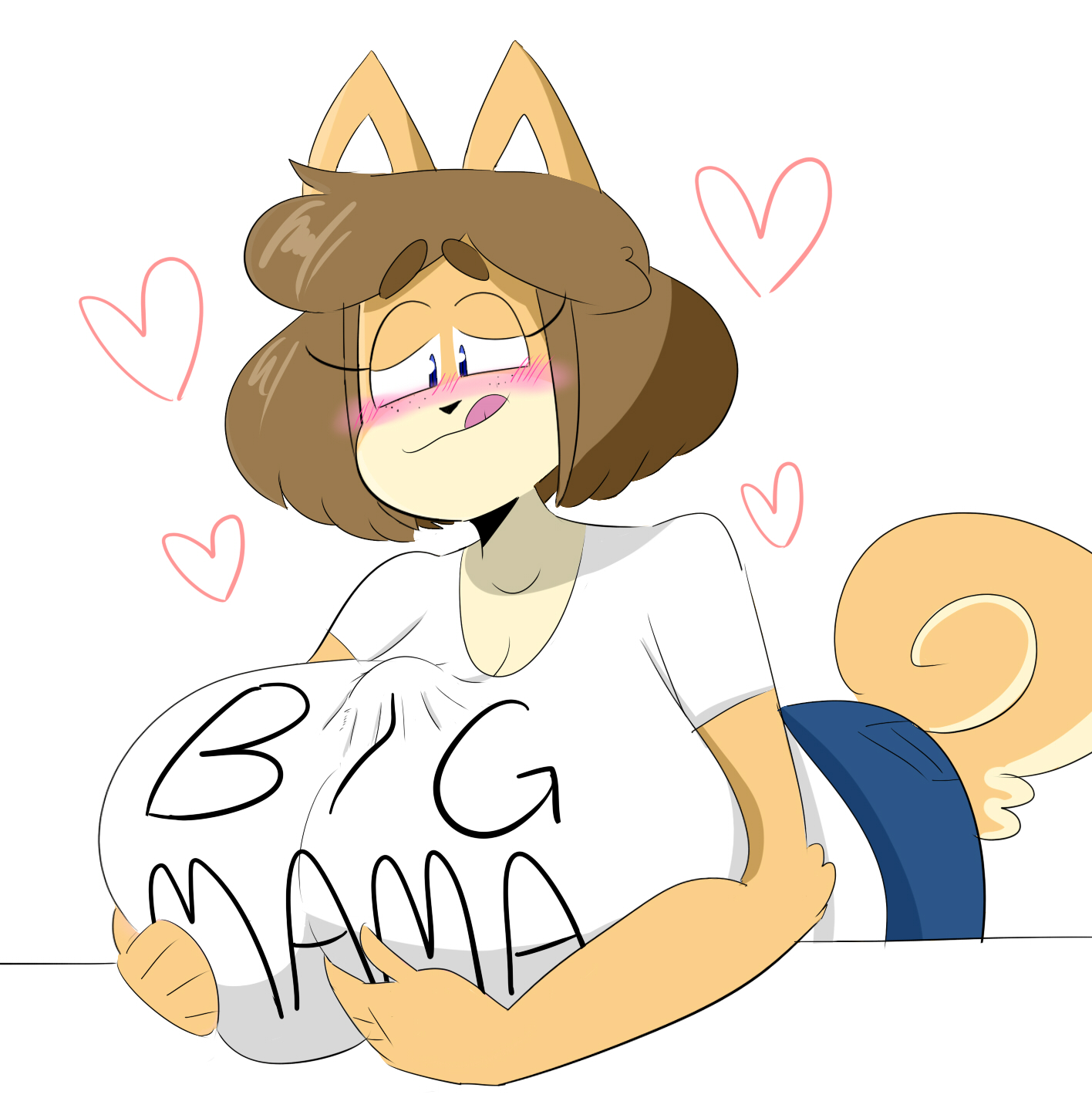 anthro, bangs, bent over, black nose, blush, breasts, brown hair, canine, cleavage, clothes writing, eyelashes, female, female only, fluffy tail, freckles, furry, heart, highres, holding breasts, huge breasts, jeans, jinu, june (jinu), licking lips, looking down, mammal, original character, paizuri, paizuri under clothes, shiba inu, short hair, solo, suggestive, t-shirt, tail, tongue, tongue out, voluptuous, white background