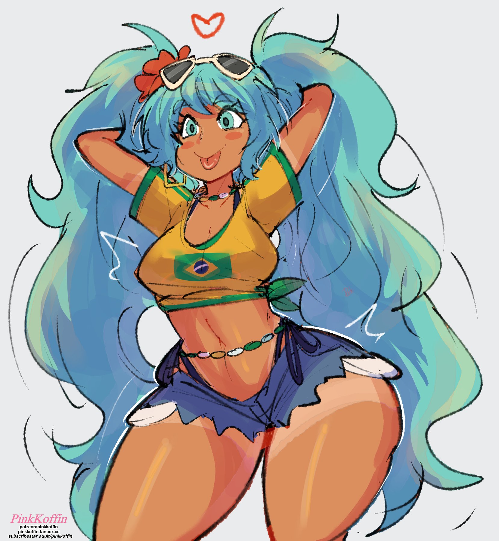 1girl, 1girls, aqua eyes, aqua hair, arms behind head, arms up, ass, big ass, big breasts, big thighs, brazil, brazilian, brazilian female, brazilian miku, breasts, crop top, cyan eyes, cyan hair, dark skin, dark-skinned female, eyewear on head, female, female only, hatsune miku, heart, hi res, huge ass, huge thighs, jewelry, latin american hatsune miku (meme), long hair, looking at viewer, midriff, navel, necklace, pinkkoffin, shirt, short shorts, shorts, simple background, smile, solo, sunglasses, tagme, tan, tan body, tan skin, tanline, tanlines, thick hips, thick thighs, thighs, thong, tongue, tongue out, twintails, very long hair, vocaloid, wide hips, yellow shirt