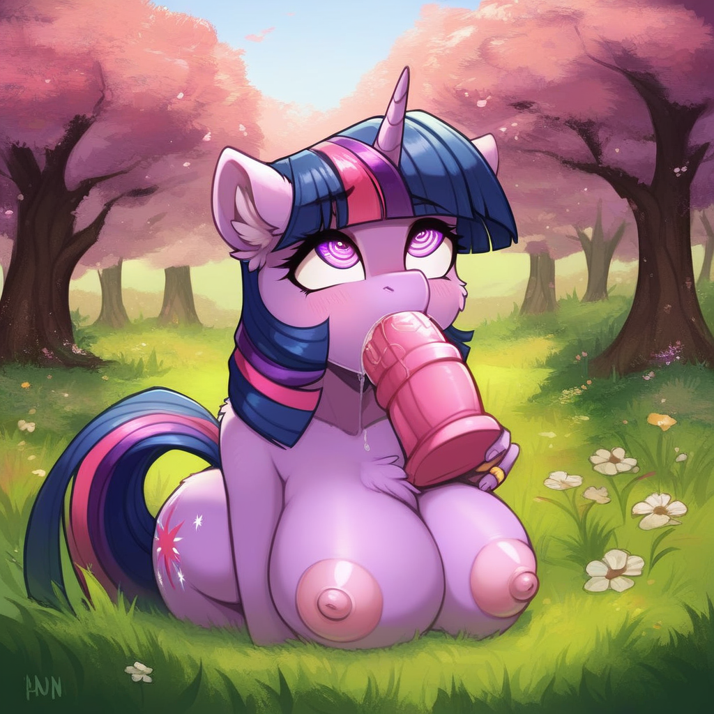 ai_generated big_breasts chest_tuft drool fellatio hypno_eyes hypnosis magic_dildo mind_control my_little_pony outdoors sucking_dildo tall_grass trees tufted_ears twilight_sparkle_(mlp)