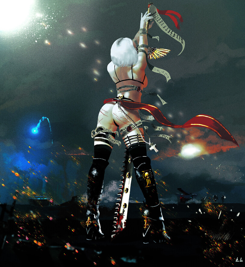 1girls adepta_sororitas ass chainsword dat_ass female female_only imperium_of_man purity_seal scar scars sister_of_battle sister_repentia solo solo_female sword warhammer_(franchise) warhammer_40k white_hair