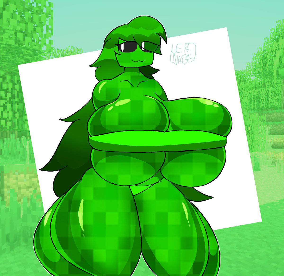 4_legs :3 big_breasts black_eyes creeper_(minecraft) creeper_girl green_hair meaty_thighs minecraft mojang nipples_covered no_arms pixel thick_thighs white_pupils