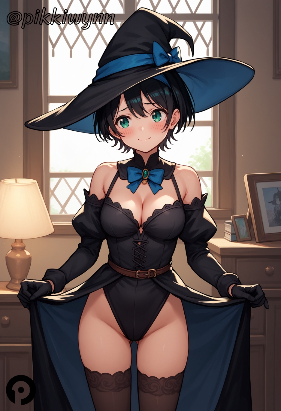 ai_generated ass_visible_through_thighs bangs bare_shoulders black_dress black_gloves black_hair black_headwear black_leotard black_thighhighs blue_bow blue_bowtie blush bow bowtie breasts brooch brown_thighhighs cleavage closed_mouth cowboy_shot detached_collar detached_sleeves dress female gloves green_eyes groin hat hat_bow highleg highleg_leotard indoors jewelry juliet_sleeves kanojo_okarishimasu leotard lifted_by_self long_sleeves looking_at_viewer medium_breasts pikkiwynn puffy_sleeves ribbon sarashina_ruka short_hair smile solo standing thighhighs thighs witch_hat