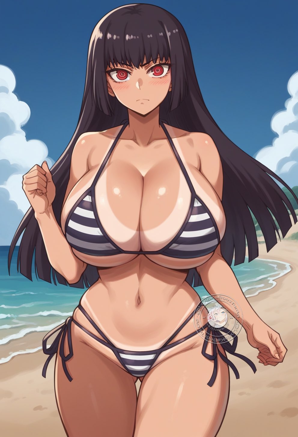 1girls ai_generated beach bikini cleavage female huge_breasts looking_at_viewer outdoors please_don't_bully_me,_nagatoro president_(nagatoro) red_eyes sana_sunomiya side-tie_bikini solo striped_bikini swimsuit tagme twitter_link