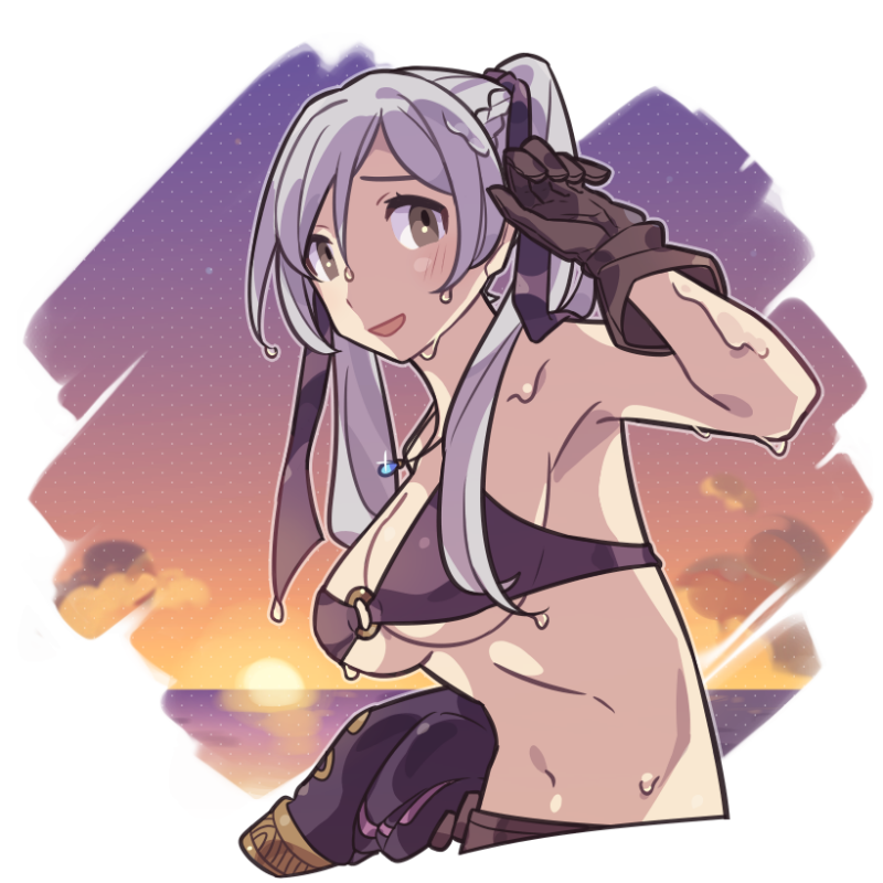 1girls alternate_costume armpits bikini breasts brown_eyes brown_gloves cleavage coat female female_only fire_emblem fire_emblem_awakening fire_emblem_heroes gloves grey_hair haconeri hair_between_eyes holding holding_coat holding_unworn_clothes jewelry large_breasts long_hair looking_at_viewer navel necklace nintendo o-ring o-ring_bikini o-ring_top official_alternate_costume open_mouth purple_bikini purple_swimsuit robin_(female)_(fire_emblem) robin_(female)_(summer)_(fire_emblem) robin_(fire_emblem) robin_(fire_emblem)_(female) solo sunset swimsuit twintails underboob wet