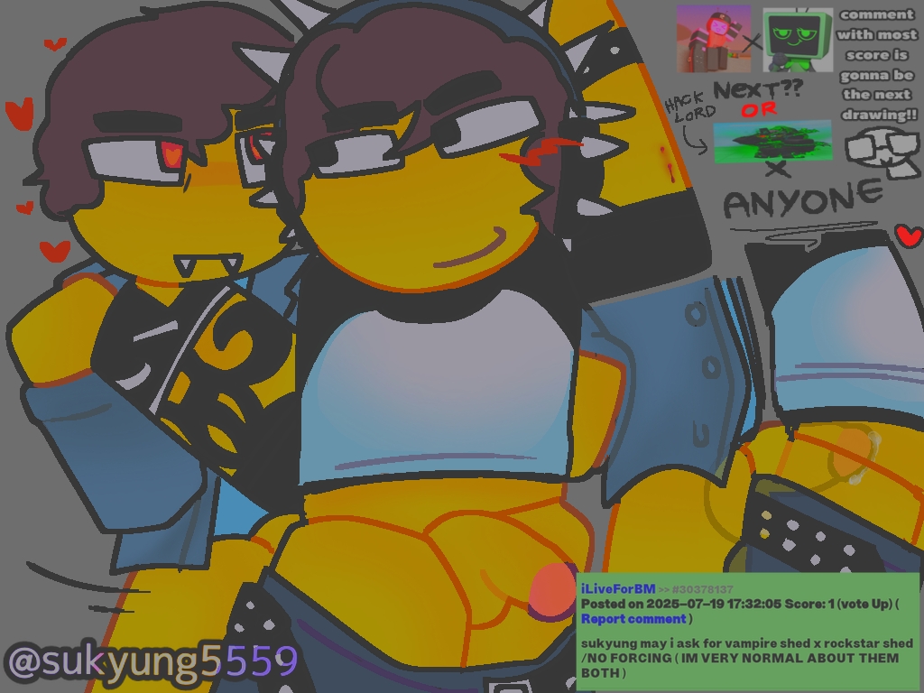 2boys, belt, bite mark, blocky body, blood drip, bottomless, bottomless male, brown hair, forsaken (roblox), gay, hand behind own head, hand on chin, headphones, humping, male, male only, male/male, pants down, penis, penis between thighs, precum, precum drip, precum on penis, red eyes, request, requested, roblox, roblox game, robloxian, rockstar shedletsky, rule 34 comment, self upload, shedletsky, shedletsky (forsaken), smirking at partner, square crossover, sukyung5559, tattoo, tattooed arm, vampire, vampire shedletsky, vampire teeth, watermark, yaoi, yellow skin
