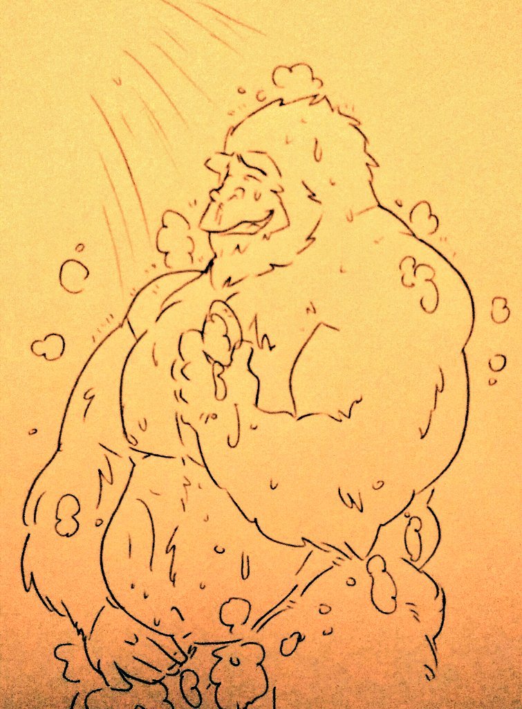 ape gorilla male_only mammal monochrome no_humans nude overwatch primate shower sketch solo solo_male staticlustdemons traditional_media_(artwork) video_games winston_(overwatch) wuffinarts