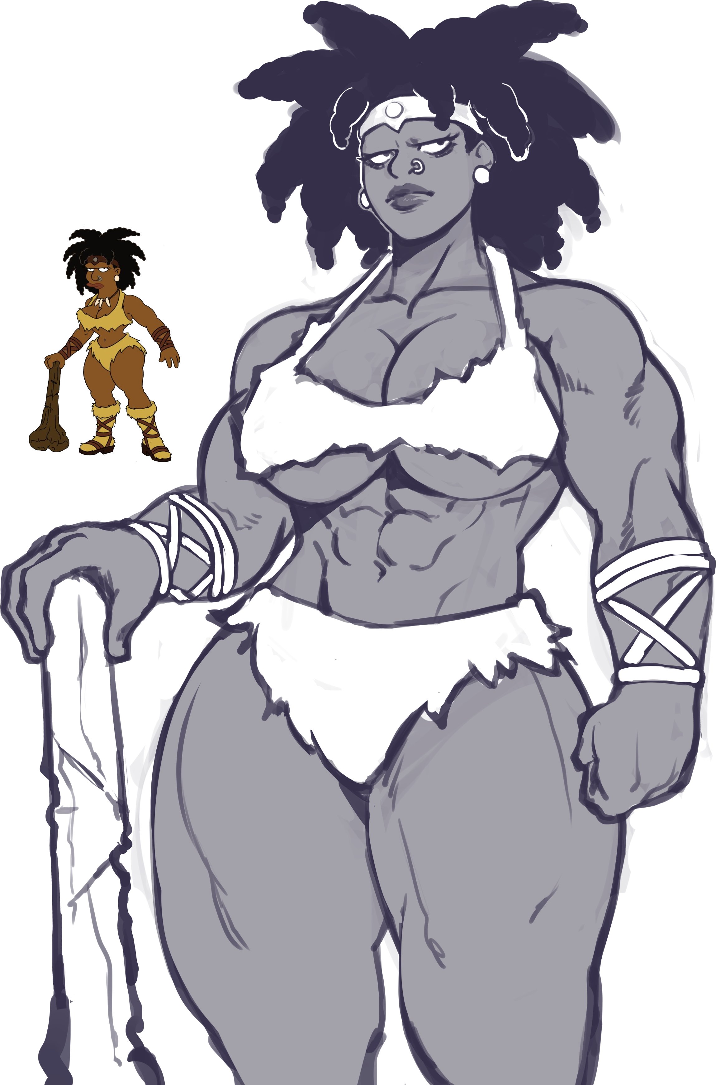 1girls, 2025, abs, amazon (futurama), belly button, biceps, big breasts, big lips, black and white, black hair, breasts, busty, cleavage, clothed, clothed female, clothing, club (weapon), curvaceous, curvy, dark skin, dark-skinned female, earrings, feet out of frame, female, front view, fully clothed, futurama, greyscale, hair, half-closed eyes, hi res, human, large breasts, legs together, loincloth, looking away, medium hair, monochrome, muscular, muscular arms, muscular female, muscular legs, muscular thighs, navel, nose piercing, nose ring, ornik, piercing, plump lips, simple background, solo, sotcho, standing, stomach, thick lips, thick thighs, thighs, triceps, weapon, wide hips