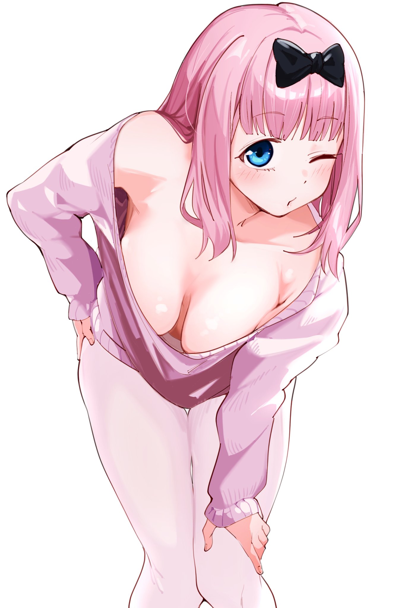 1girls, bent over, black bow, black bowtie, blue eyes, bow, bowtie, breasts, cleavage, downblouse, female, female only, fujiwara chika, hair ribbon, hand on knee, hand on own hip, hand on own knee, hanging breasts, highres, kaguya-sama wa kokurasetai ~tensai-tachi no renai zunousen~, large breasts, leaning forward, long hair, one eye closed, pantyhose, pink sweater, puckered lips, ribbon, simple background, solo, sweater, white background, white pantyhose, wink