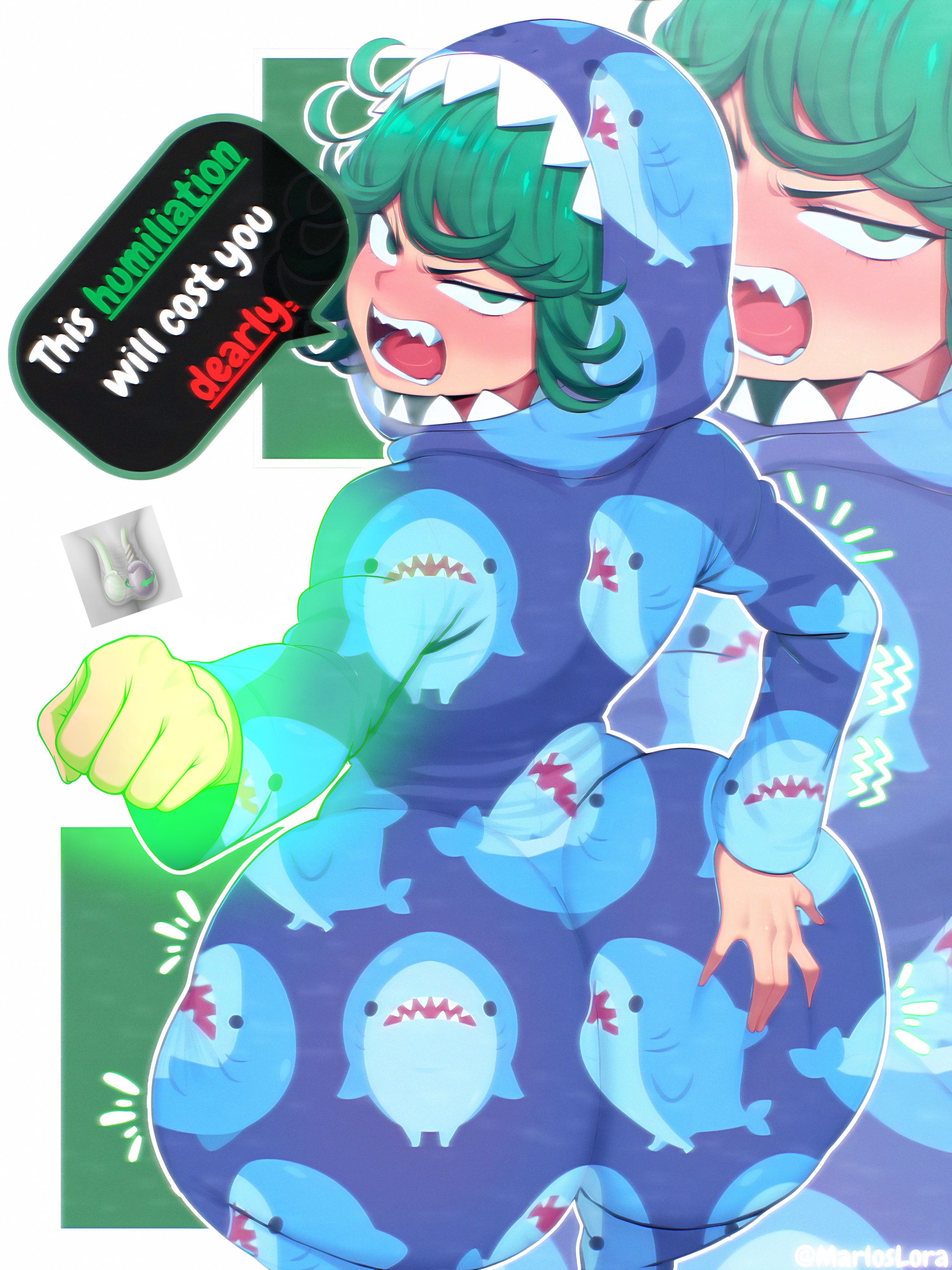 1girls, ai generated, artist request, balls, curvy, female, green hair, hoodie, huge ass, looking back, male, marlosart, one-punch man, onesie, pajamas, shark, tagme, tatsumaki, testicles, testicular torsion