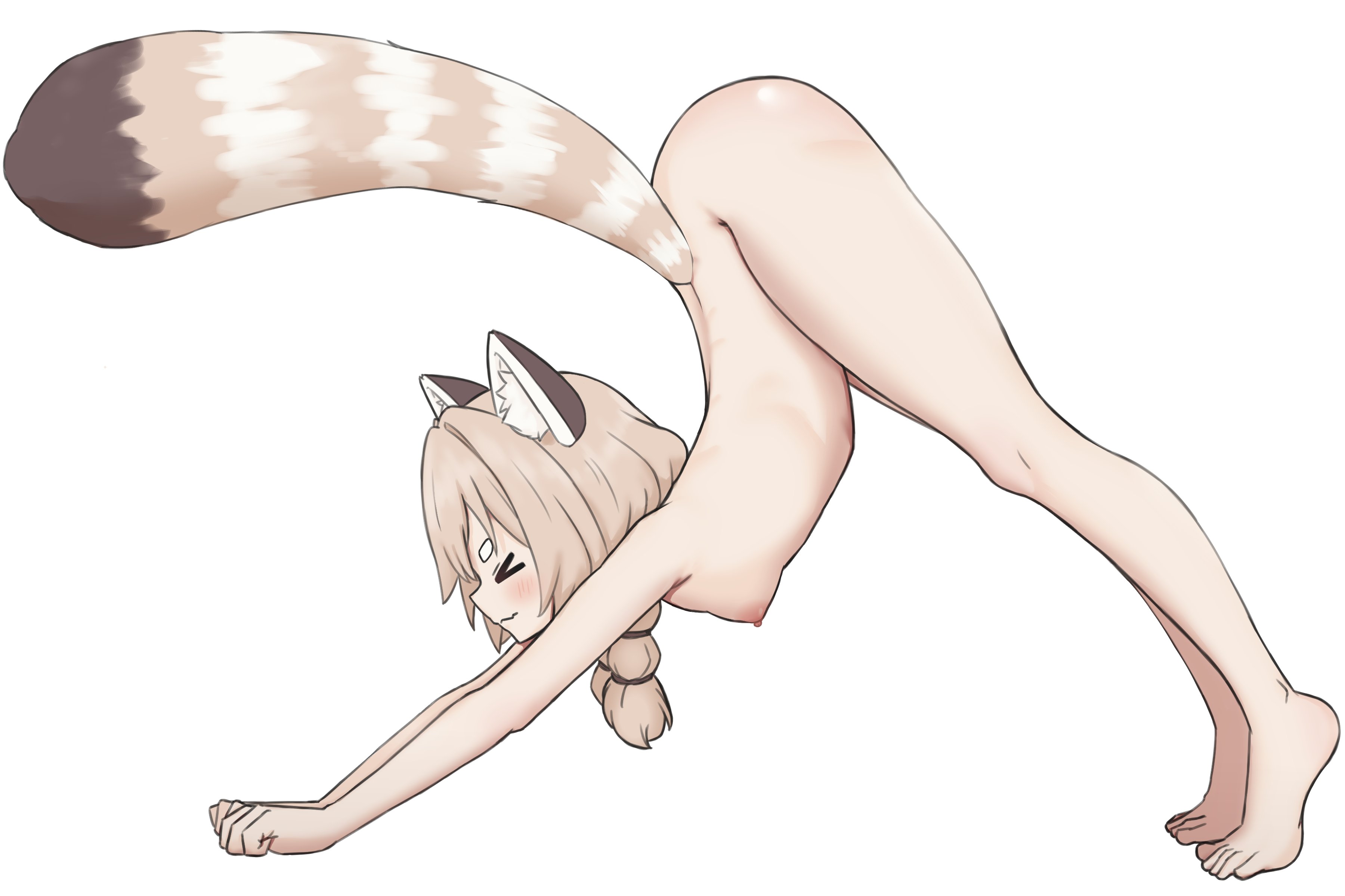1girls, animal ears, arched back, ass, breasts, brown hair, closed eyes, face down ass up, feet, female, kannanii, komachi panko, legs, petite, phase alias, phase connect, raccoon girl, small breasts, stretching, tail, virtual youtuber, vtuber