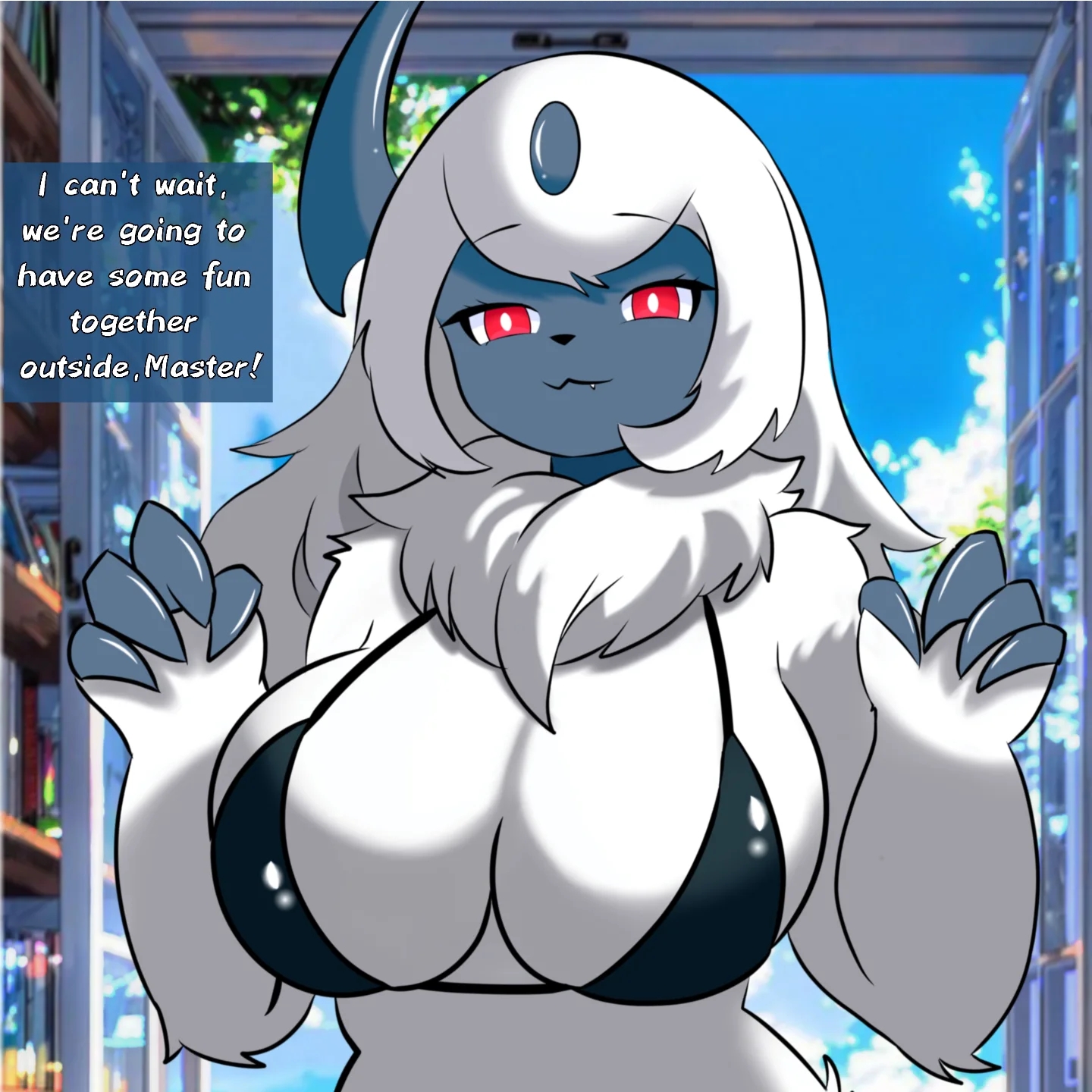 1:1, 2025, absol, anthro, anthrofied, big breasts, bra, breasts, claws, cleavage, clothed, clothing, dialogue, digital media (artwork), english text, evaacii, fangs, female, fur, generation 3 pokemon, hair, hi res, looking at viewer, master, neck tuft, nintendo, pokemon, pokemon (species), pokemorph, portrait, red eyes, smile, solo, teeth, text, tuft, underwear, white body, white fur, white hair
