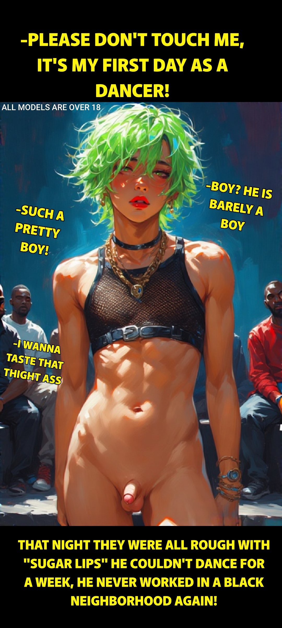 1boy, abs, ai generated, athletic, athletic male, blacker666, caption, choker, club, collar, comic, comic page, crossdressing, crossdressing male, dancer, dancer outfit, dancing, english text, exposed, exposed penis, exposed torso, femboy, femboy focus, feminine male, fishnet, fishnet clothing, fishnets, fit, fit male, flat chest, flat chested, gay, green eyes, green hair, humiliated, humiliating, humiliation, interracial, light skin, light-skinned male, lipstick, makeup, male, male only, medium hair, mesh, mesh clothing, mesh shirt, mesh top, messy hair, muscles, muscular, muscular male, neon green, nightclub, pale skin, pale-skinned male, penis, red lipstick, sissy, sissy caption, small penis, solo, story, submissive, submissive male, text, tiny penis, twink, yaoi