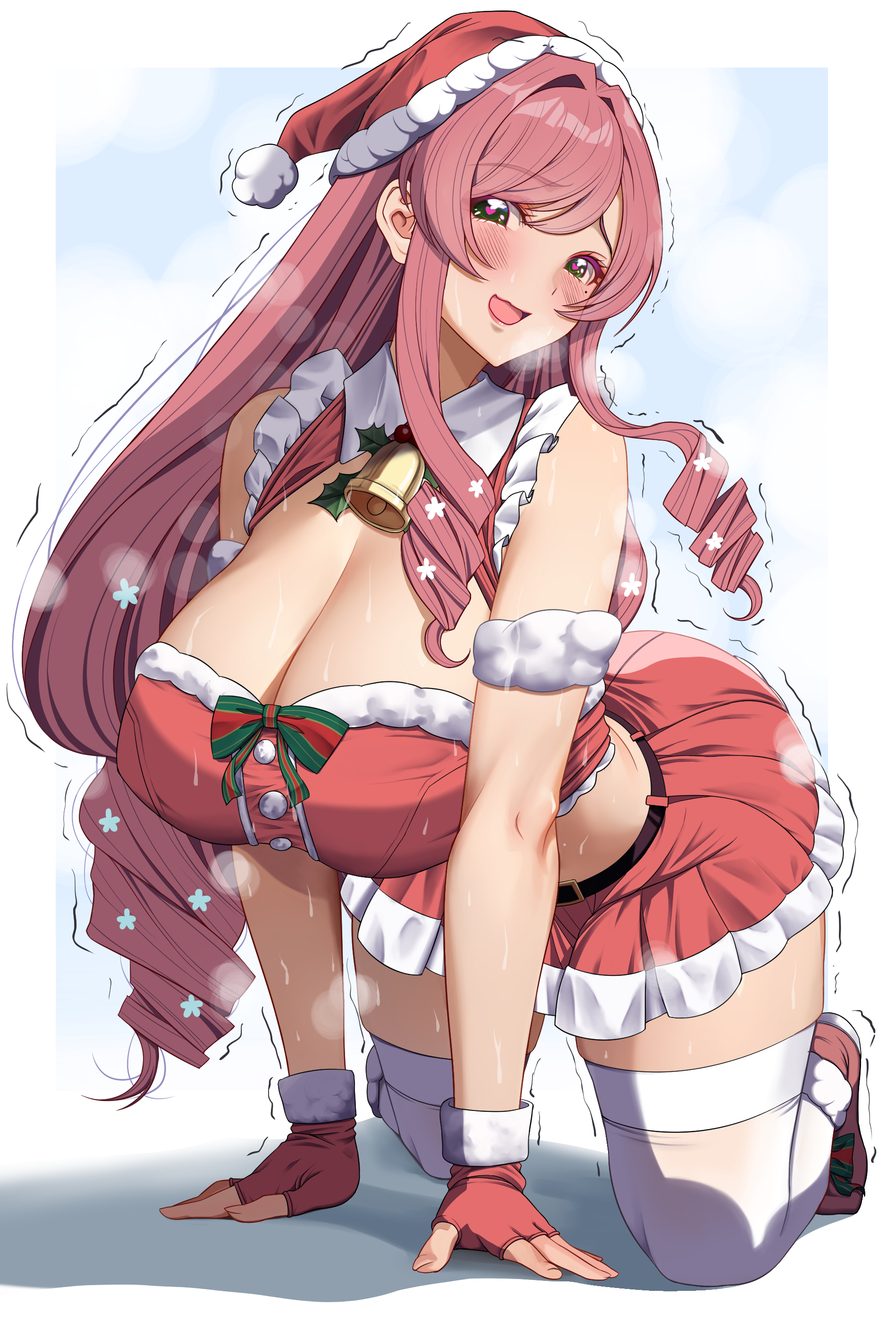 1girls, akihiro0920, alternate version available, bell, big breasts, blush, breasts, christmas, christmas clothing, christmas outfit, cleavage, female, female only, fingerless gloves, gloves, green eyes, hair, hanazono hahari, handwear, hat, headwear, heart-shaped pupils, huge breasts, kimi no koto ga dai dai dai dai daisuki na 100-nin no kanojo, legwear, long hair, mature, mature female, mature woman, milf, mother, motion lines, neckwear, open mouth, pink hair, red skirt, santa hat, short skirt, skirt, smile, solo, solo female, steam, steaming body, sweat, sweatdrop, sweating, sweaty, sweaty body, the 100 girlfriends who really really really really really love you, thighhighs, thighs, white thighhighs