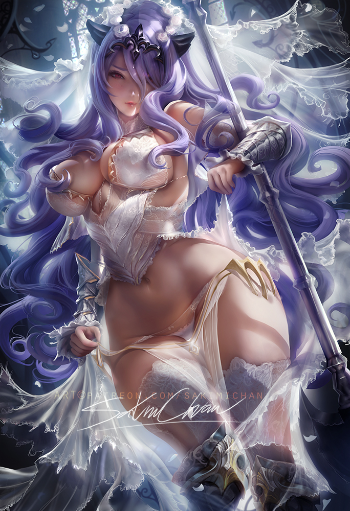 big breasts, breasts, camilla (fire emblem), cleavage, female, female only, fire emblem, fire emblem fates, hair over one eye, large breasts, looking at viewer, panties, purple hair, sakimichan, solo