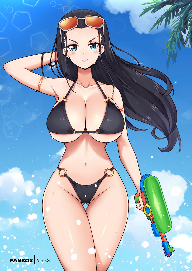 1girls, already uploaded, armlet, barely contained, barely contained breasts, barely fits, bikini, black bikini, black hair, black-haired female, blue sky, breasts, breasts too big, cleavage, closed mouth, collarbone, cowboy shot, curvy, day, eyewear on head, female, female only, gluteal fold, holding, holding water gun, hourglass figure, huge breasts, human, human female, imminent wardrobe malfunction, jewelry, large breasts, light-skinned female, long hair, looking at viewer, mature female, navel, nico robin, one piece, outdoors, sky, slim waist, smile, solo, sunglasses, swimsuit, thigh gap, thighs, tight bikini, tight fit, tight swimsuit, tight swimwear, too tight, undersized clothes, undersized clothing, v-shaped eyebrows, very long hair, virus-g, water gun, wide hips