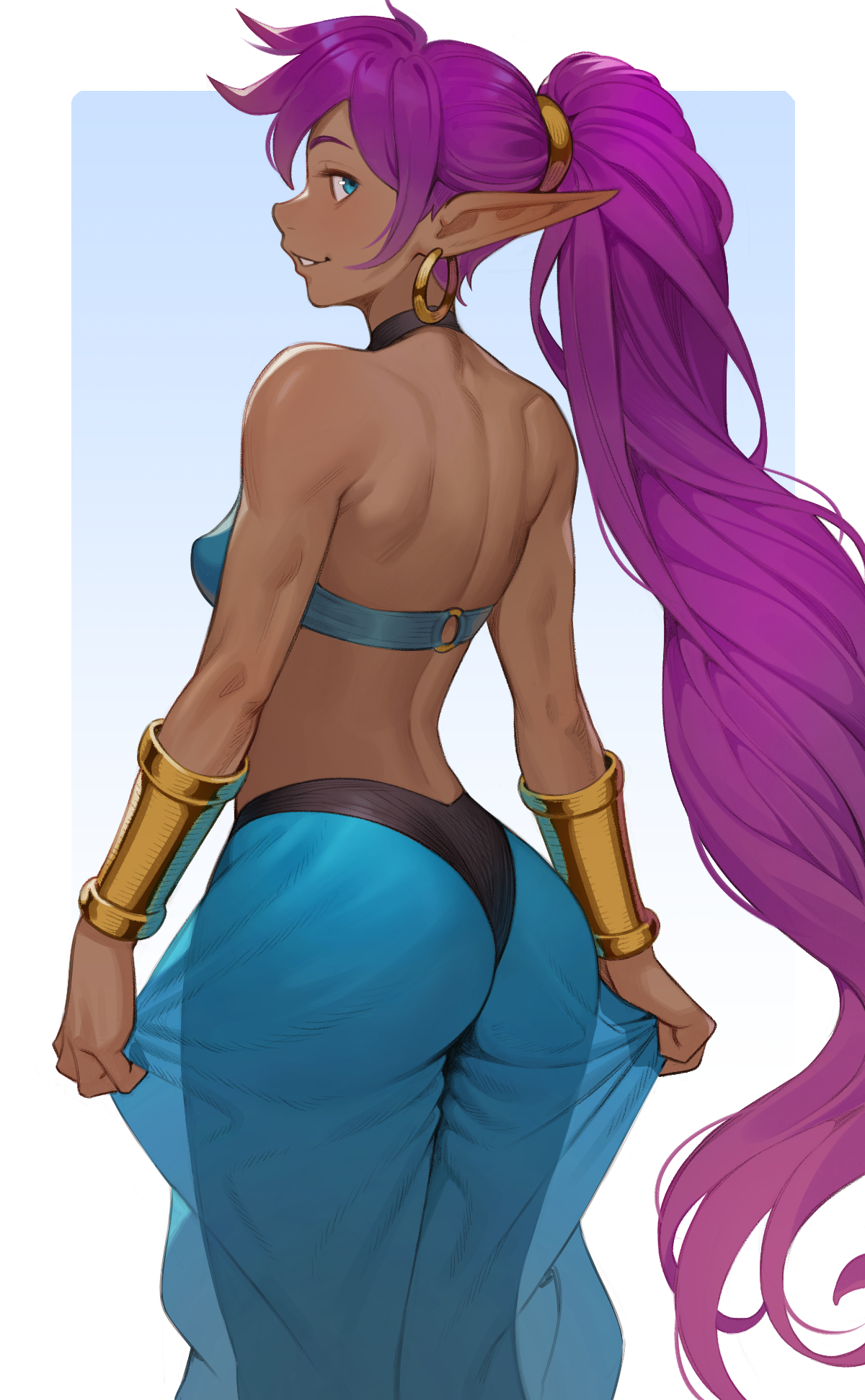 1girls, back view, bare shoulders, black panties, blue clothing, blue eyes, bracelet, breasts, cheshirrr, choker, dark-skinned female, earrings, extremely long hair, female, gold bracelet, gold hoop earrings, hoop earrings, long hair, looking at viewer, looking back, o-ring, o-ring top, pointy ears, ponytail, purple hair, revealing clothes, see-through, see-through clothing, shantae, shantae (character), sideboob, strapless, strapless bra, teenage female, teenager, tomboyish