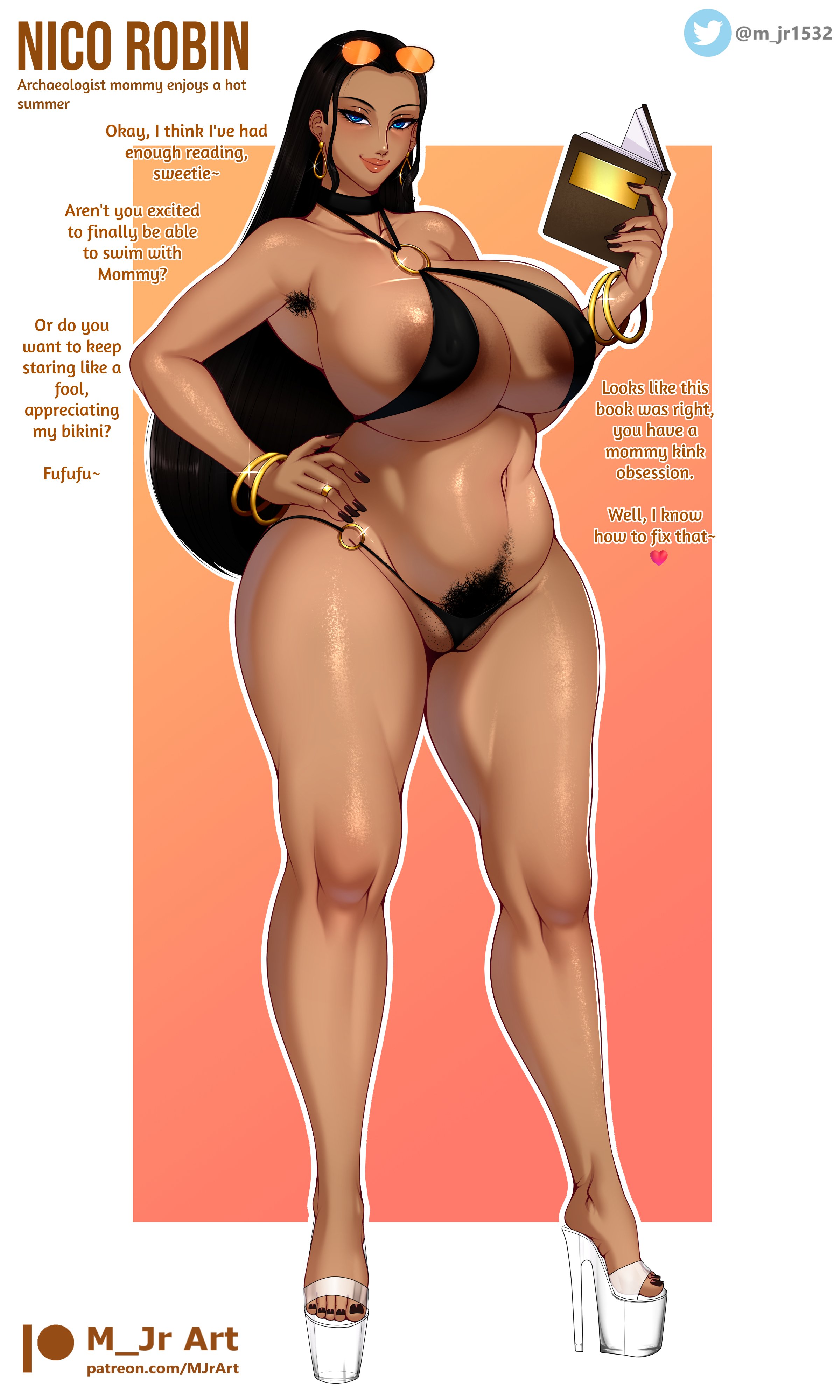 armpit hair, big breasts, bikini, black hair, black nail polish, book, breasts, dark nipples, earrings, english text, female, female only, heels, jpg, m jr art, mommy, nail polish, nico robin, one piece, patreon logo, pubic hair, sunglasses, tagme, tan body, tan skin, twitter link