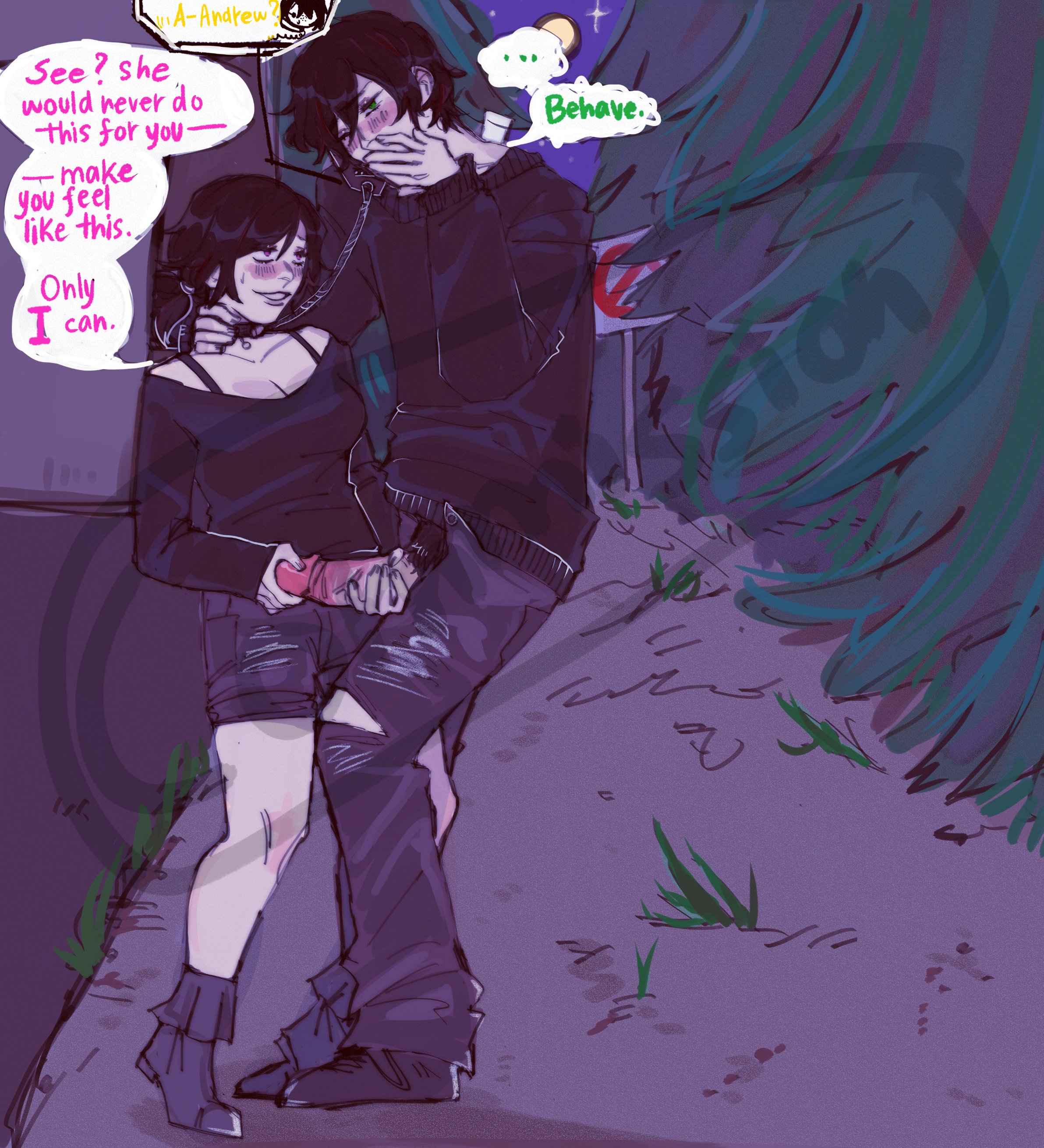 1boy, 1girls, 2d, alternate version available, andrew graves, ashley graves, black hair, blush, brother and sister, choker, clothed, cuckolding, cuckquean, dialogue, english text, female, green eyes, handjob, height difference, incest, julia (the coffin of andy and leyley), male, mismispink, netorare, night, ntr, outdoors, penis, penis out, pink eyes, ponytail, pubic hair, siblings, talking on phone, tease, teasing, telephone, the coffin of andy and leyley