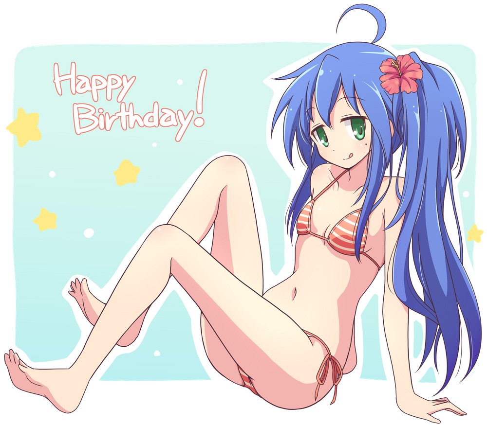 1girls, bikini, birthday, blue hair, female, flat chest, green eyes, konata izumi, lucky star, mel (melty pot), posing, smiling at viewer, solo, tagme, tongue out, very long hair